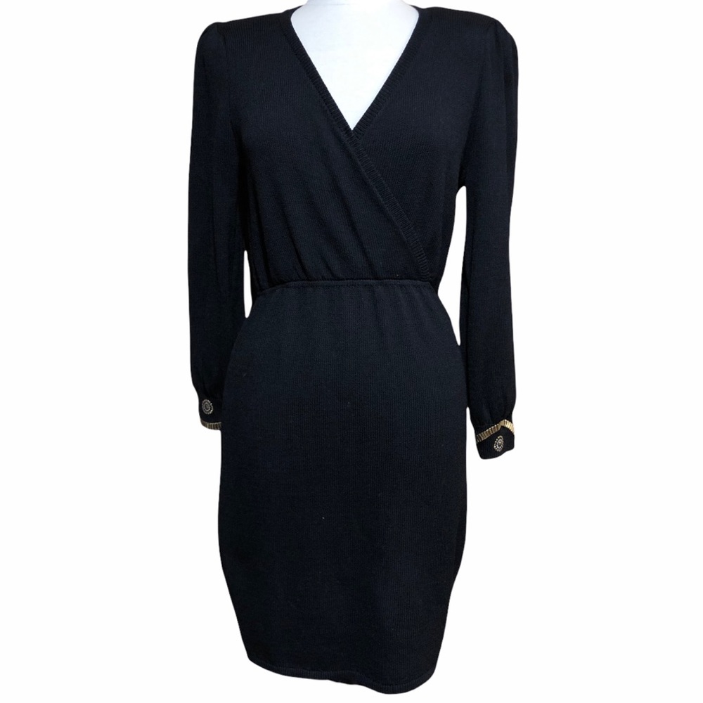 St. John Collection Black Knitted Dress 3/4 Sequin Sleeves MADE IN USA